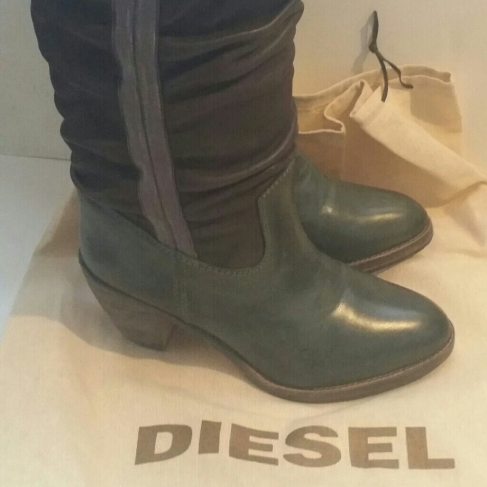 Diesel Women's Teal-Green Leather Mid-Calf Heeled Boots